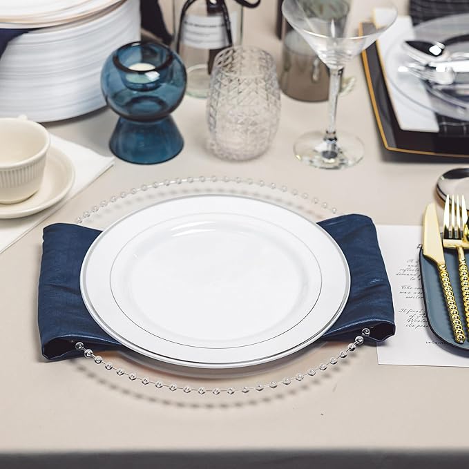 N9R 100PCS Silver Plastic Plates, 10.25 inch White Disposable Dinner Plate - Image 5