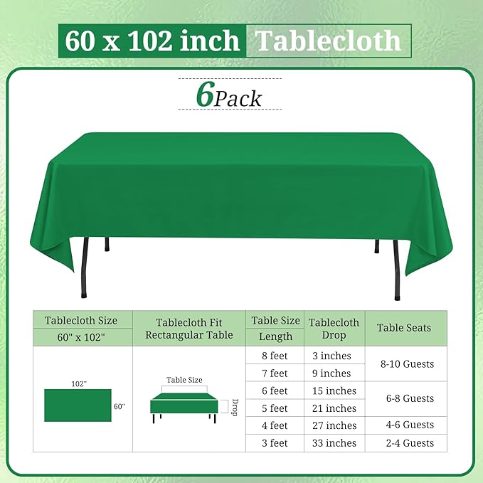 6 Pack Green Tablecloths for 6ft Rectangle Tables 60 x 102 Inch - Image 2