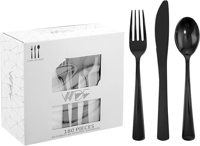 WDF 180 Pieces Black Plastic Silverware by WDF