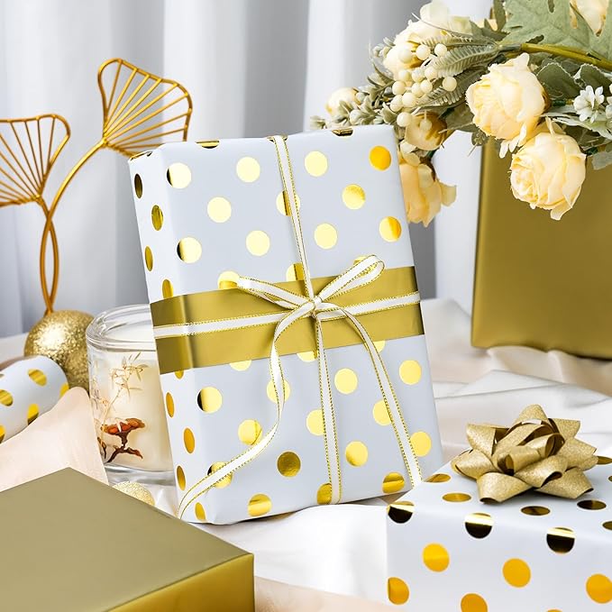 Burymento Platinum Dots Wrapping Paper, Reversible Gold Gift Wrap - Image 2