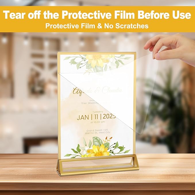 EHWINE 6 Pack Acrylic Sign Holder 5 x 7, Double Sided Gold Picture Frame Stand - Image 2