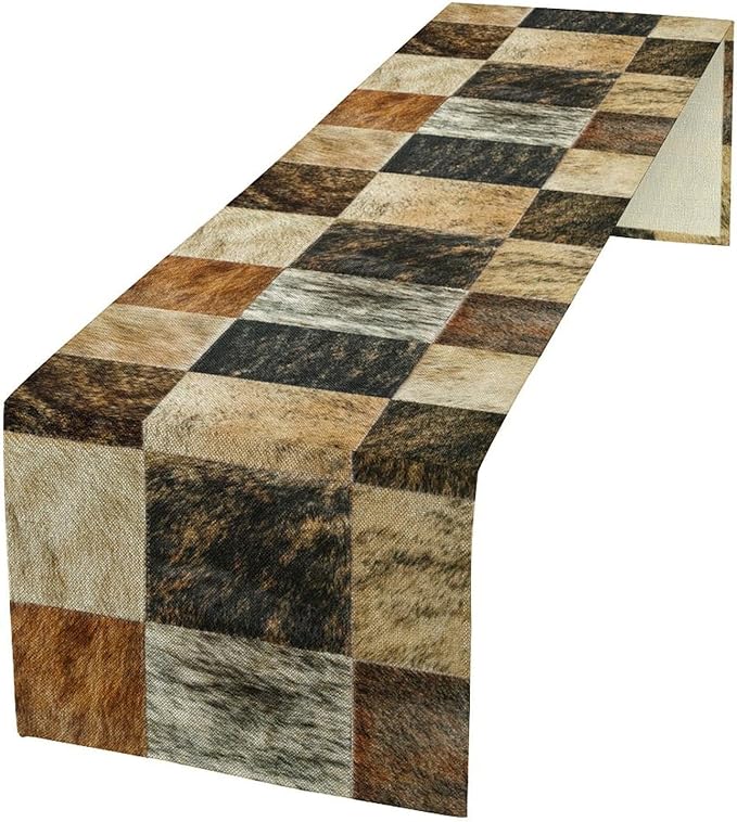 Rustic Cow Skin Patchwork Print Table Runner, Farmhouse Country Western Style by ShiTingYu