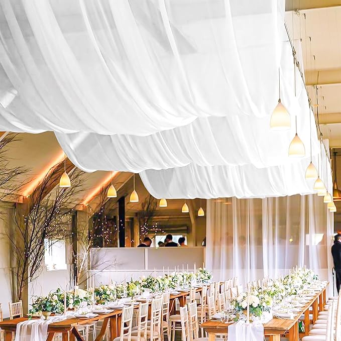 4 Panels White Wedding Ceiling Drapes 5ftx30ft Ceiling Drapes Chiffon Fabric - Image 3