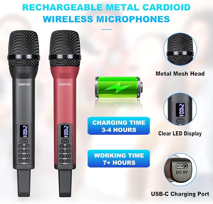Rechargeable Wireless Microphones 4, Pro Handheld Cordless Mics System Dynamic - Image 3