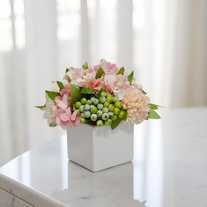 LADADA Artificial Hydrangea Flower Arrangement in Ceramic Vase and Vase Home - Image 4