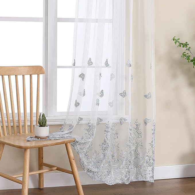 VISIONTEX White Sheer Voile Curtains, Decorative Blue Embossed Butterflies Rod by VISIONTEX