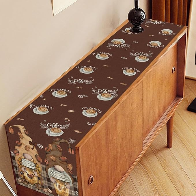 Coffee Time Table Runner, Farmhouse Retro Gnome Coffee Cup Tea Party Cafe Brwon - Image 2