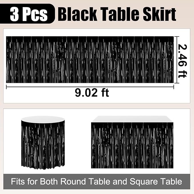 3 Pack 29 x108 Inch Black Foil Fringe Table Skirts Metallic Banner - Image 2