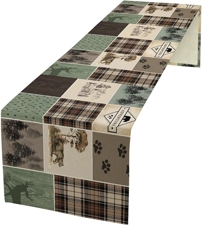 Bear Deer Table Runner, Rustic Lodge Retro Country Farmhouse Buffalo Plaid by Kurtect
