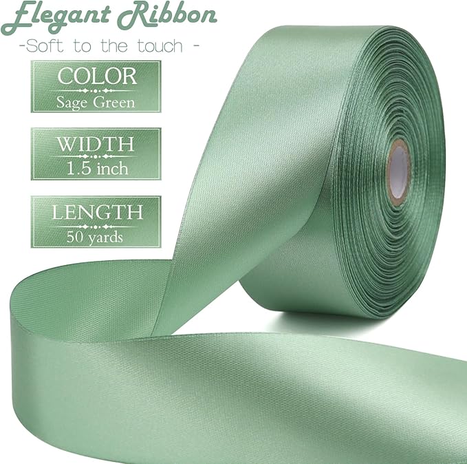 Sage Green Solid Satin Ribbon 1-1/2 Inch 50 Yards Solid Polyester Fabric Ribbon - Image 2