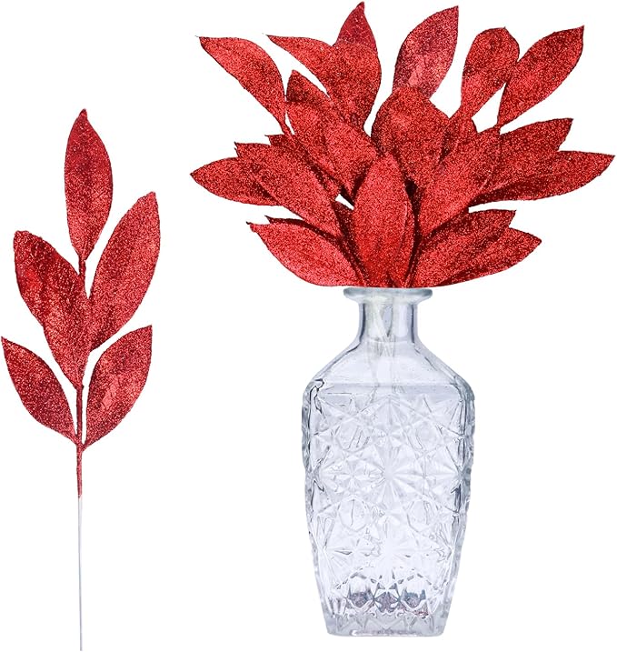 GREENTIME 12 Pack Artificial Red Glitter Leaves 13" Fake Christmas Picks by Greentime