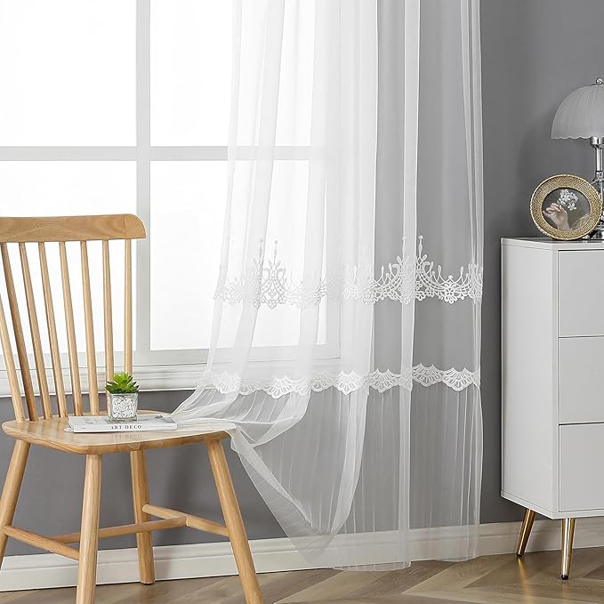 VISIONTEX White Sheer Voile Curtains, Decorative White Embossed European Rod by VISIONTEX