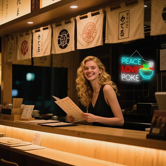 Looklight Peace Love Poke Ramen Neon Sign, Noodles Led Lights Neon Lights - Image 3