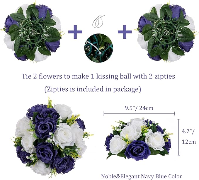 BLOSMON Navy Blue Rose Flowers: 2 Pcs Fake Floral Balls Centerpiece - Image 4