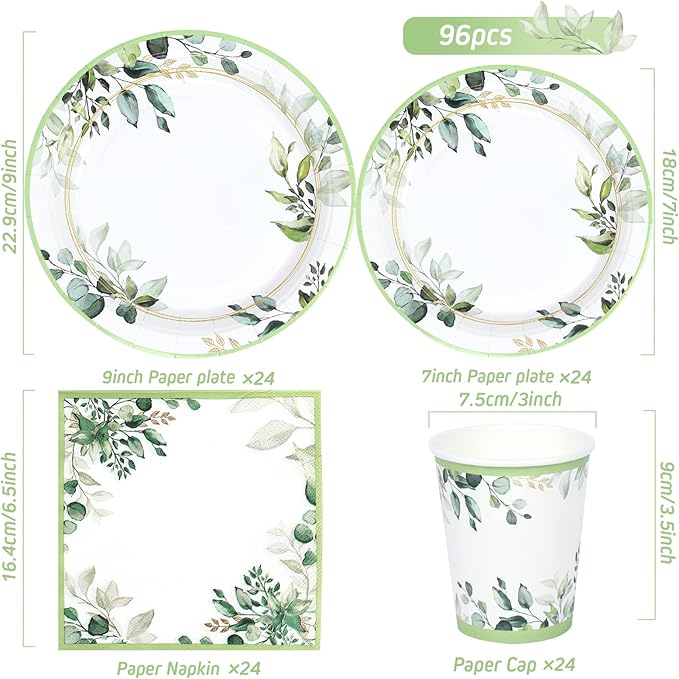 Green Party Plates Supplies, Sage Green Paper Eucalyptus Leaf Plates and Napkins - Image 2