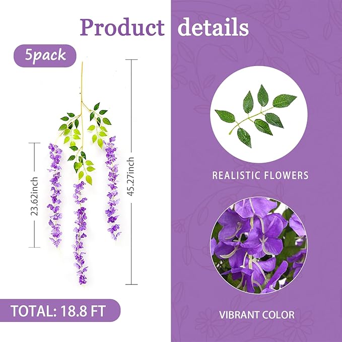 5 Pack Purple Wisteria Hanging Flowers Garland, 3.77 Feet Artificial Flower - Image 2