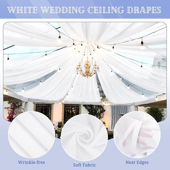 4 Panels White Ceiling Drapes for Wedding 5ftx30ft Sheer Drapery Chiffon Fabric - Image 3