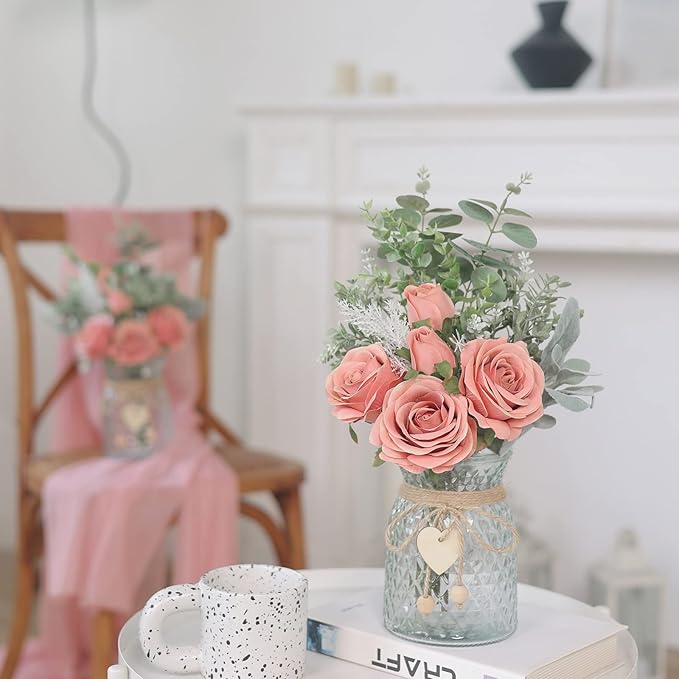 Faux Flowers with Vase, Artificial Silk Roses in Vase, Fake Plant Eucalyptus - Image 2