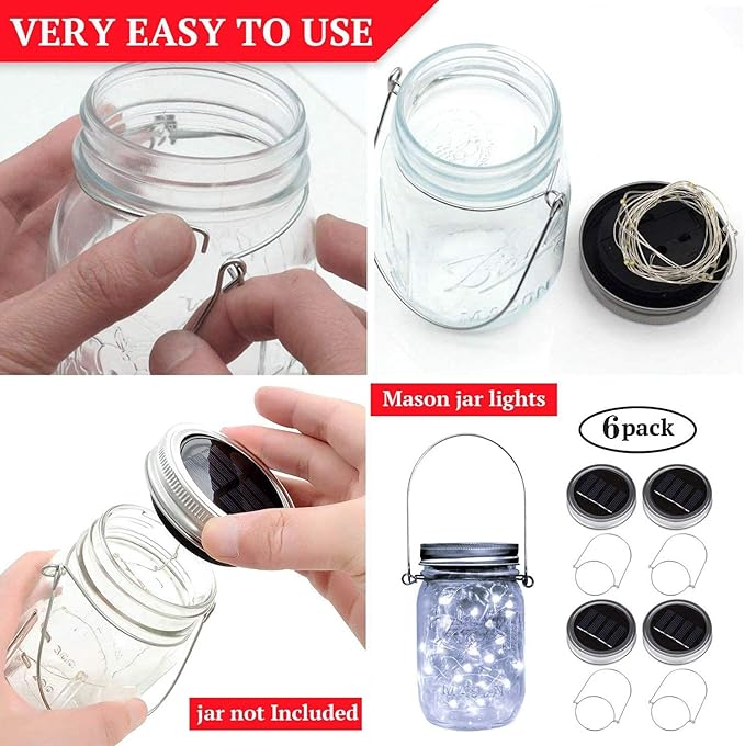 VOOKRY 6 Pack Solar Mason Jar Lights, 30 LED Mason Jar Lids Waterproof Firefly - Image 5