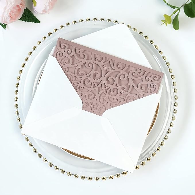 PONATIA 5.12 x 7.2 Dusty Rose Laser Cut Wedding Invitations, 5x7 Trifold Laser - Image 6