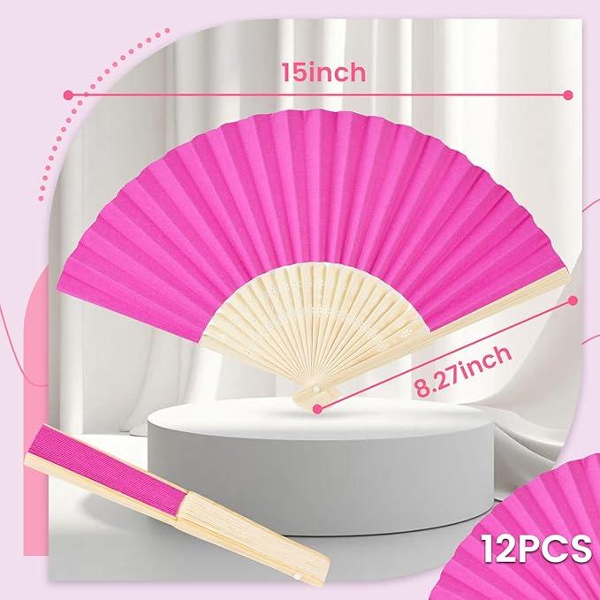 JOHOUSE 12 Pcs Paper Folding Hand Fans, 8.3 Inch Dark Pink Paper Fans Handheld - Image 2