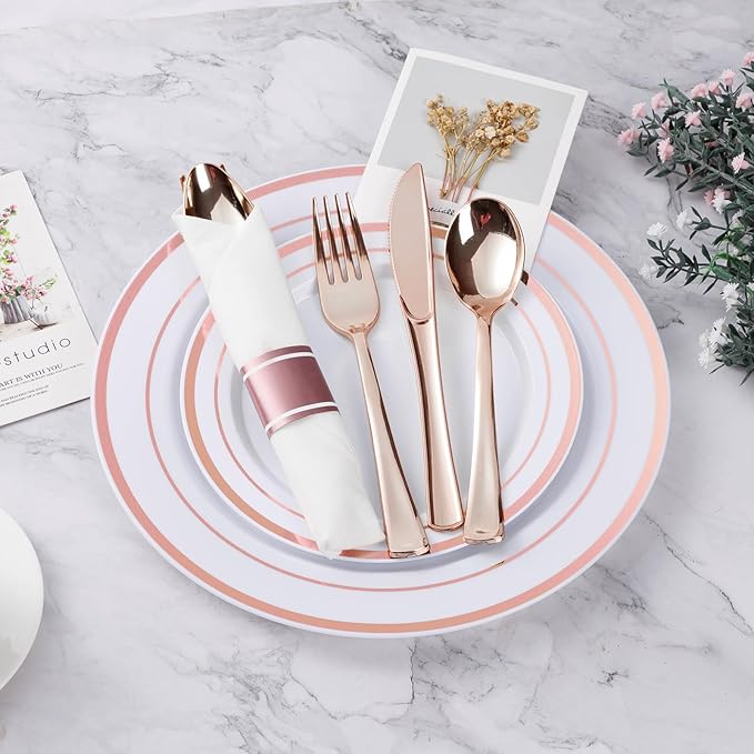 BESTVIP 100 Pack Pre Rolled Rose Gold Plastic Silverware Set, Disposable - Image 2