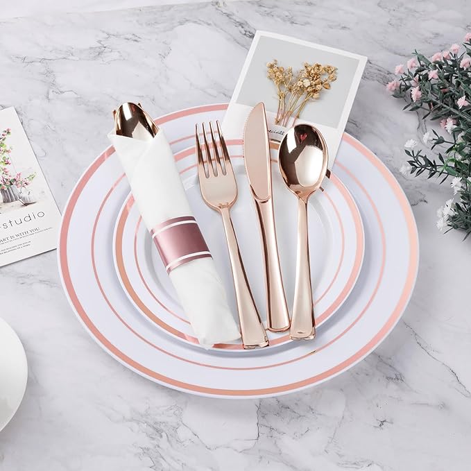 BESTVIP 350PCS Rose Gold Plastic Dinnerware Set, Disposable Party Plates - Image 2