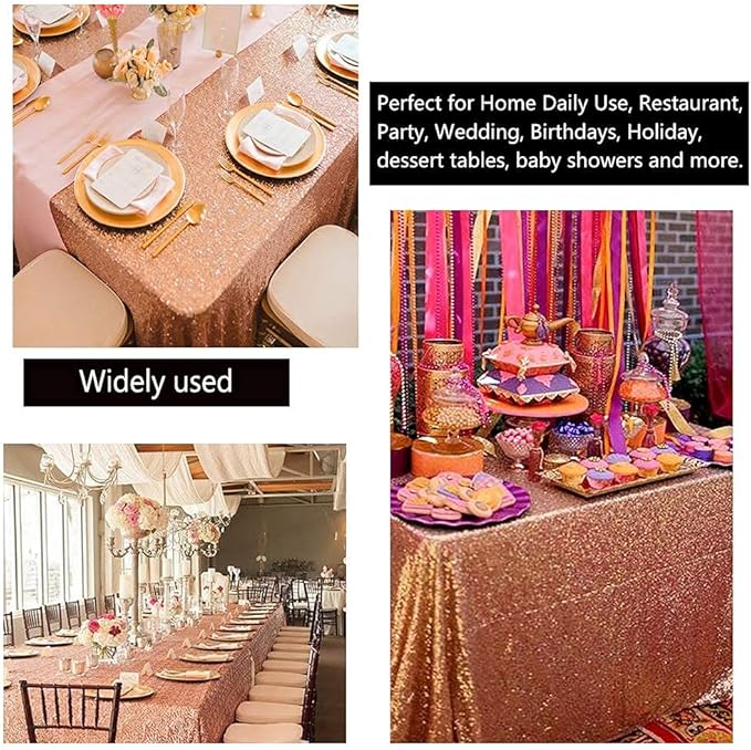 QueenDream Tablecloth 90x156 Rectangle Sequin Table Cloth Rose Gold Wedding - Image 3