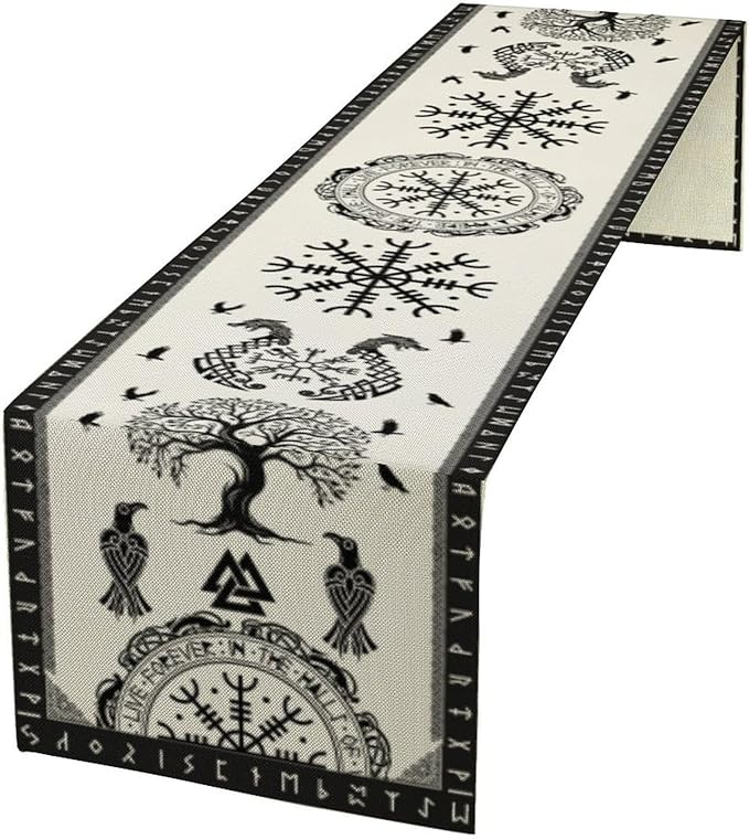 Ancient Abstract Pattern Table Runner, Tree of Life Eagle Dragon Boat Rudder by ShiTingYu