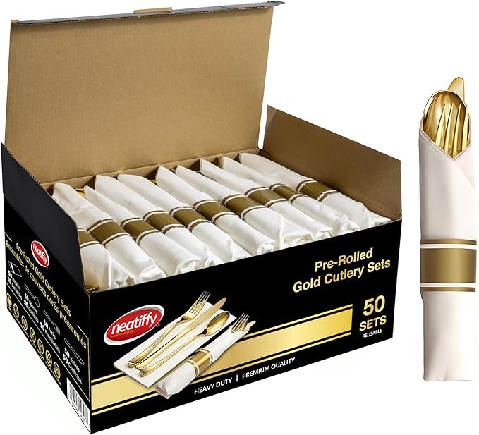 Neatiffy 50 Pack Gold Plastic Silverware Set, Pre Rolled Napkin and Cutlery Set by NEATIFFY