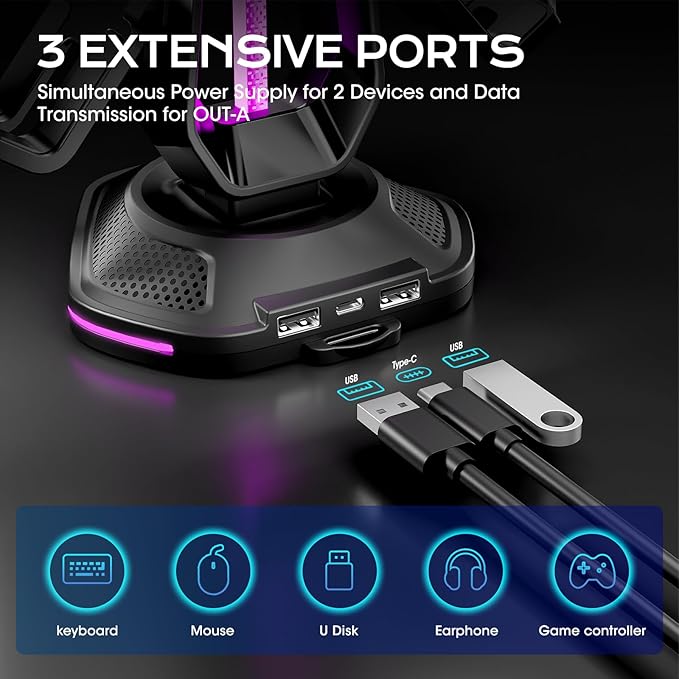 Saitake RGB Headset Stand with 9 Light Modes, Controller Holder - Image 4