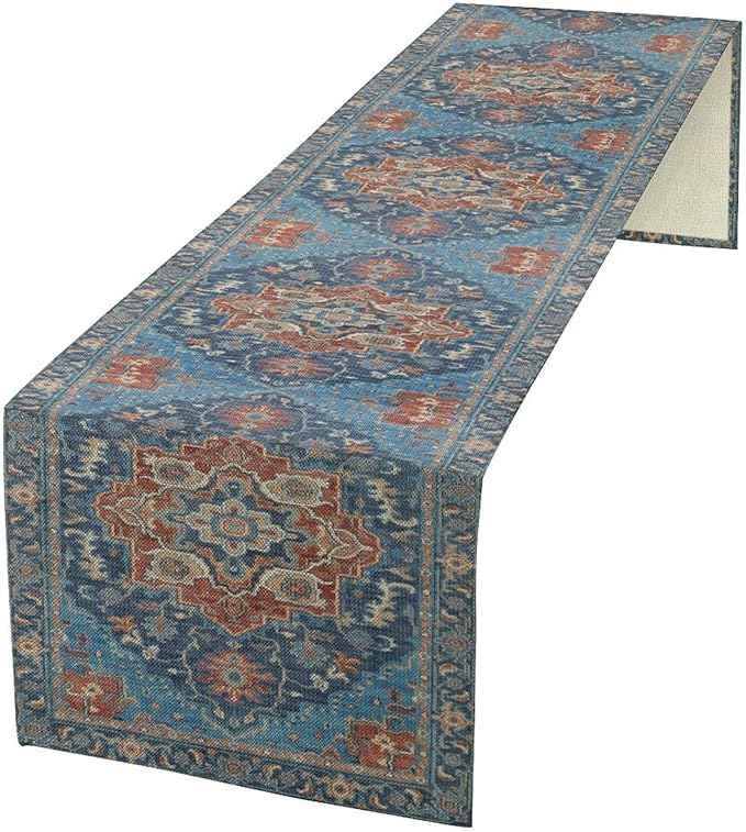 Boho Floral Vintage Table Runner, Retro Abstract Blue Flower Rustic Country by Unknown