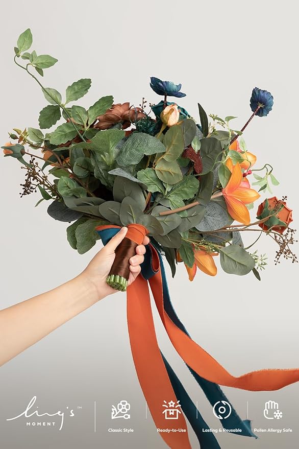 Ling's moment Teal Bridal Bouquet Cascading, Burnt Orange Wedding Bouquets - Image 4