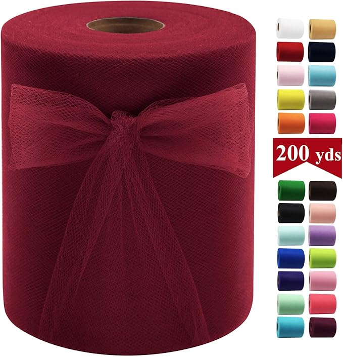Burgundy Tulle Fabric Rolls 6 Inch by 200 Yards Fabric Spool Tulle Ribbon by IONTACH