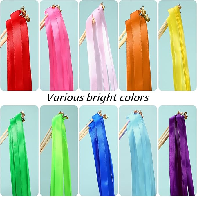 100Pcs Multi-Color Ribbon with Gold Bell, Fairy Wands Chromatic Silk Wish Wand - Image 2