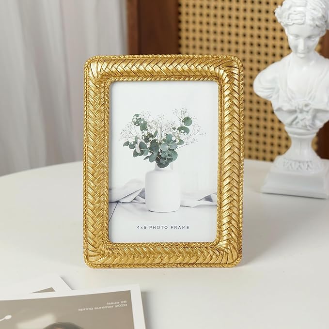 Cuspin 4x6 Gold Picture Frame, Ornate Decorative Rattan Resin Photo Frame - Image 7