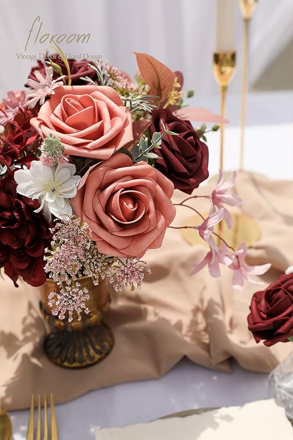 Floroom Artificial Flowers 25pcs Real Looking Burgundy & Pinky Cedar Foam Fake - Image 5