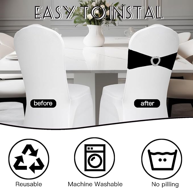 100PCS Spandex Stretch Black Chair Sashes Bows Universal Elastic Chair Cover - Image 4