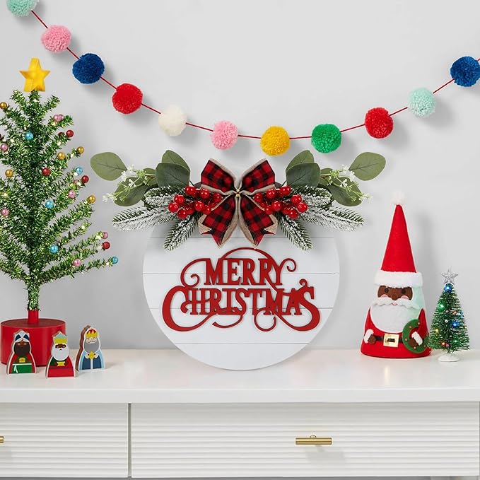 CHDITB Cute Merry Christmas Wooden Front Door Wreath, Farmhouse 3D Christmas - Image 3