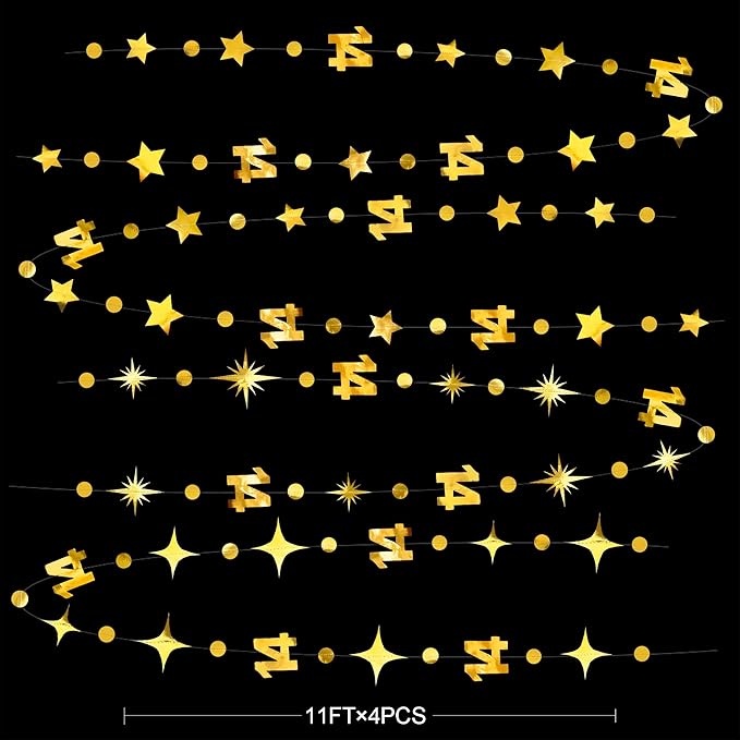 Gold 14th Birthday Decorations Number 14 Circle Dot Star Garland Metallic - Image 2