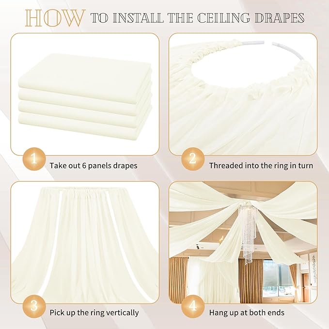 4 Panels Ivory Ceiling Drapes for Wedding 5ftx30ft Sheer Drapery Chiffon Fabric - Image 4