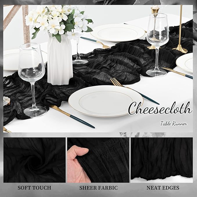 10FT 6 Pack Black Cheesecloth Table Runner 20 x 120 Inch Long Boho Fabric - Image 3