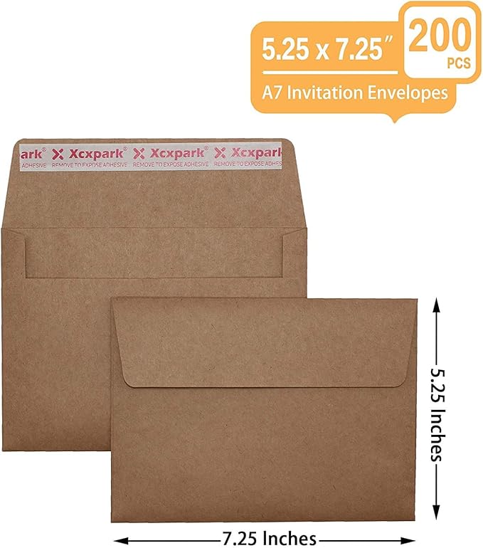 200 Qty Printable A7 Invitation Envelopes 5.25 x 7.25, Self Seal 120GSM Brown - Image 2