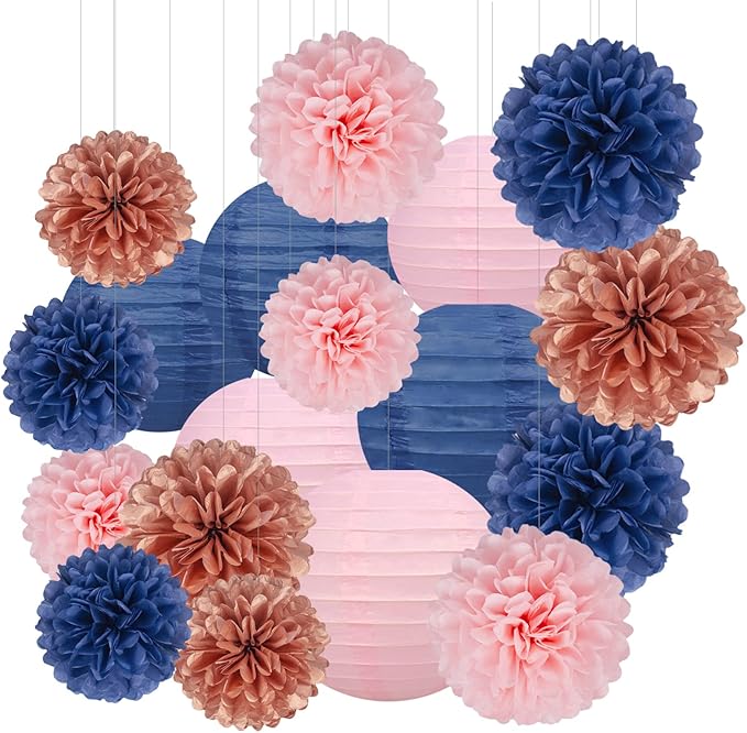 Rose-Gold Navy-Blue Pink Party Decorations by HongTongTong
