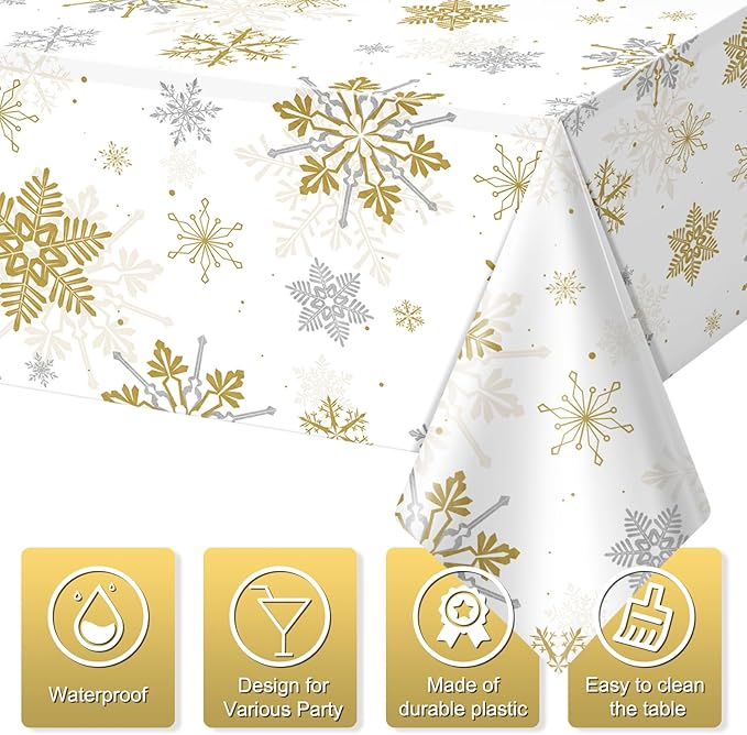 12Pcs Christmas Snowflake Party Tablecloths Decorations, Plastic White and Gold - Image 3