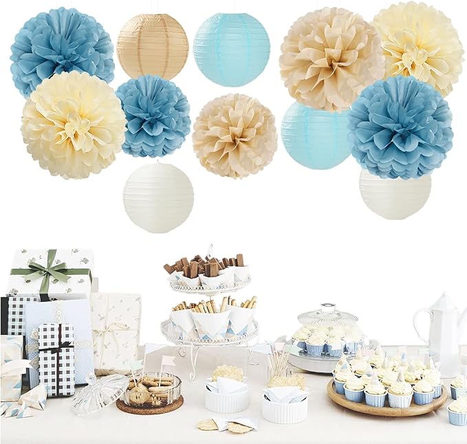 Dusty-Blue Champagne Party-Decorations Paper-Flowers Lanterns - Image 4