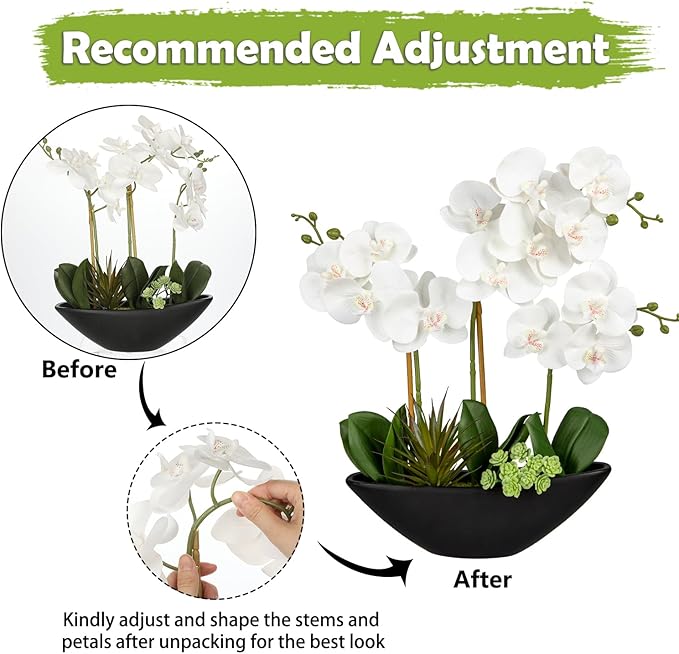 Briful Orchid Fake Flowers 17in White Artificial Orchid Silk Flowers in Black - Image 3