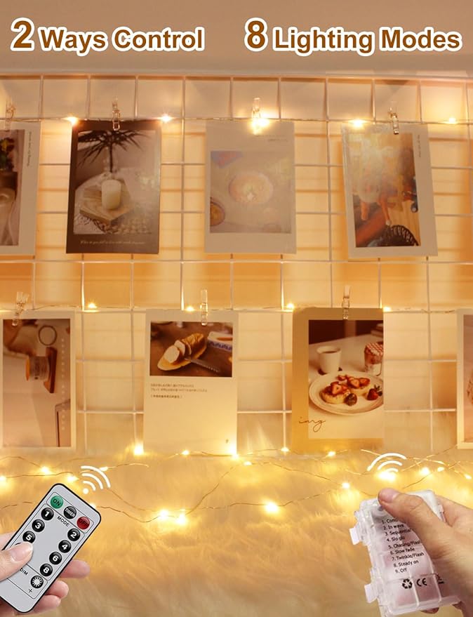 Photo Clip String Lights with Remote, 33FT 100 LED Battery Operated String - Image 3