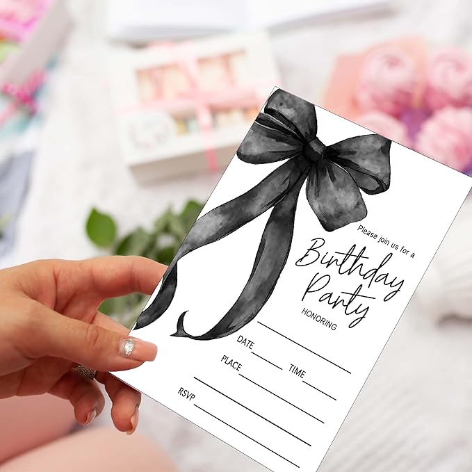 SIXEIGHT Black Bow Birthday Invitations, 20 Party Invitations - Image 3