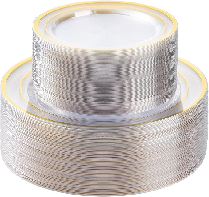 100PCS Clear Gold Plastic Plates Set, 50 10.25 inch Dinner Plates and 50 7.5 by BESTSTAR